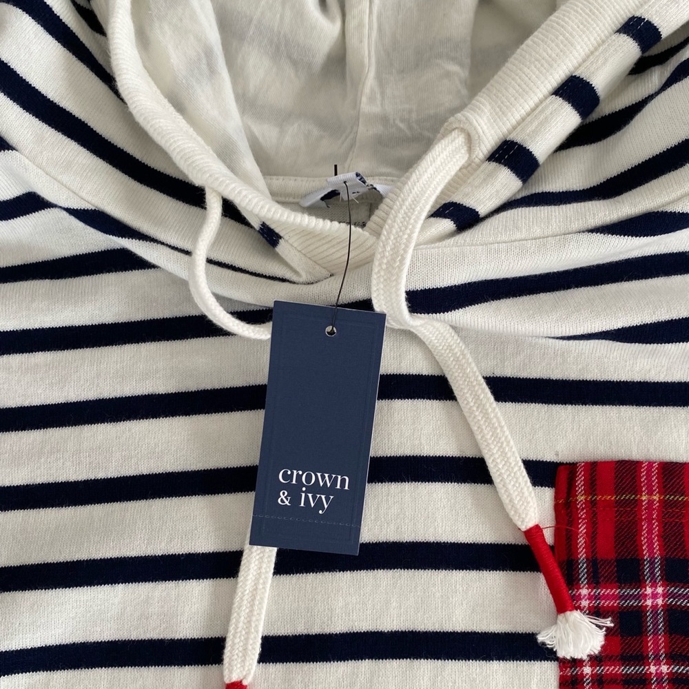 Crown & Ivy Striped Hoodie with Red Plaid Accent size large NWT - Picture 5 of 7